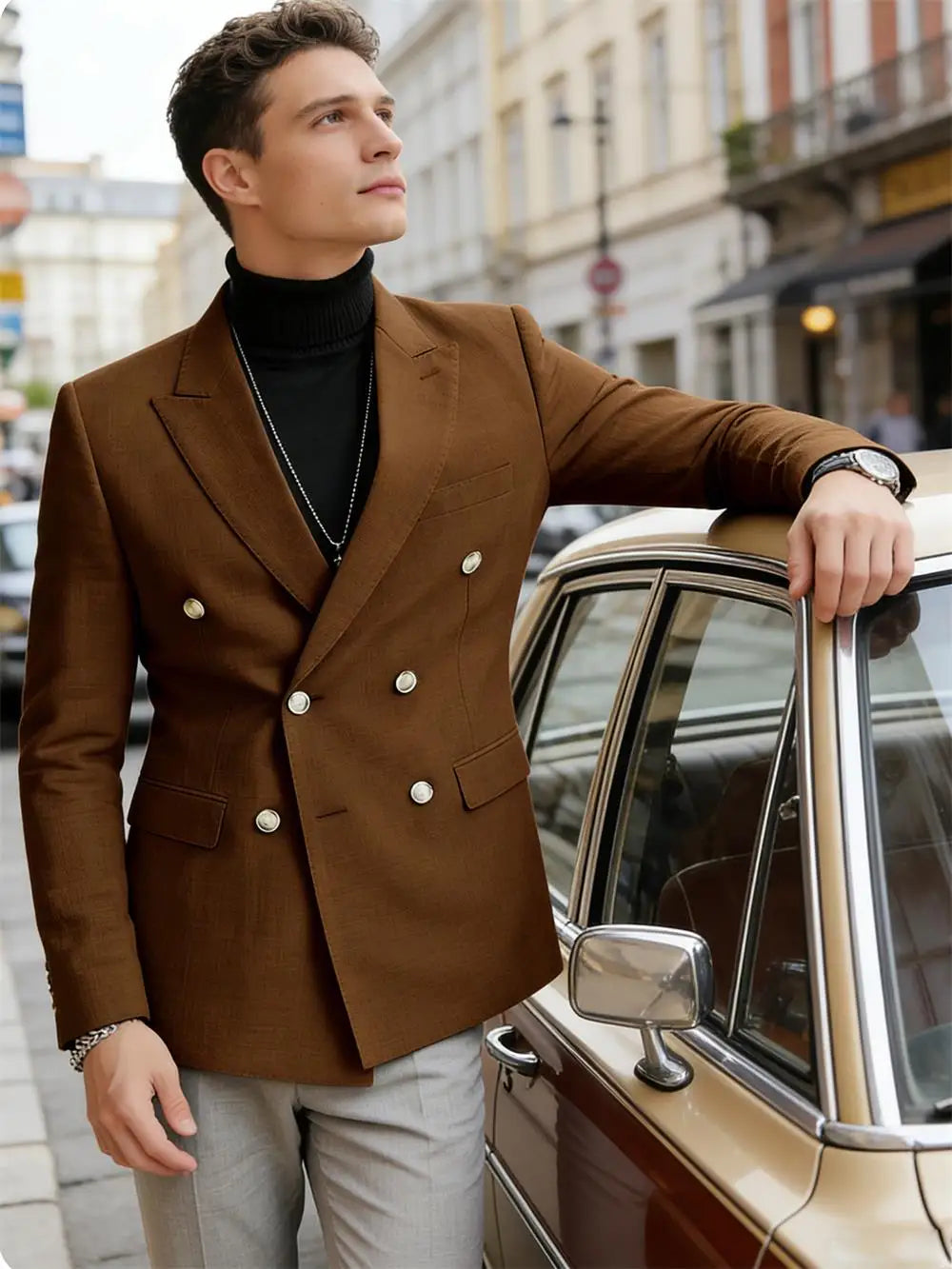 Men's Linen Blazer Double Breasted Slim Fit Breathable Suit Jacket Business Casual Gentlemen Coat Formal Wedding Party Dress