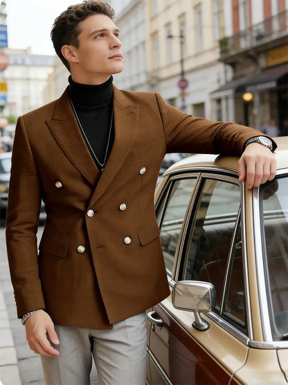 Men's Linen Blazer Double Breasted Slim Fit Breathable Suit Jacket Business Casual Gentlemen Coat Formal Wedding Party Dress