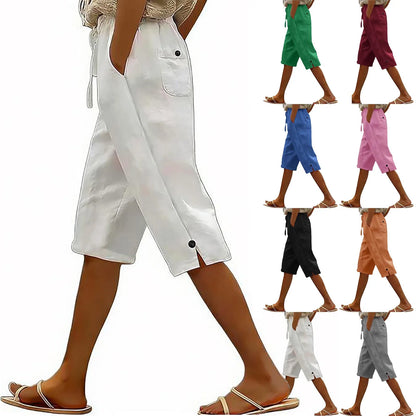 Women's Solid Color Cotton Linen Loose Fit Belted Front & Back Multiple Pockets Capri Pants