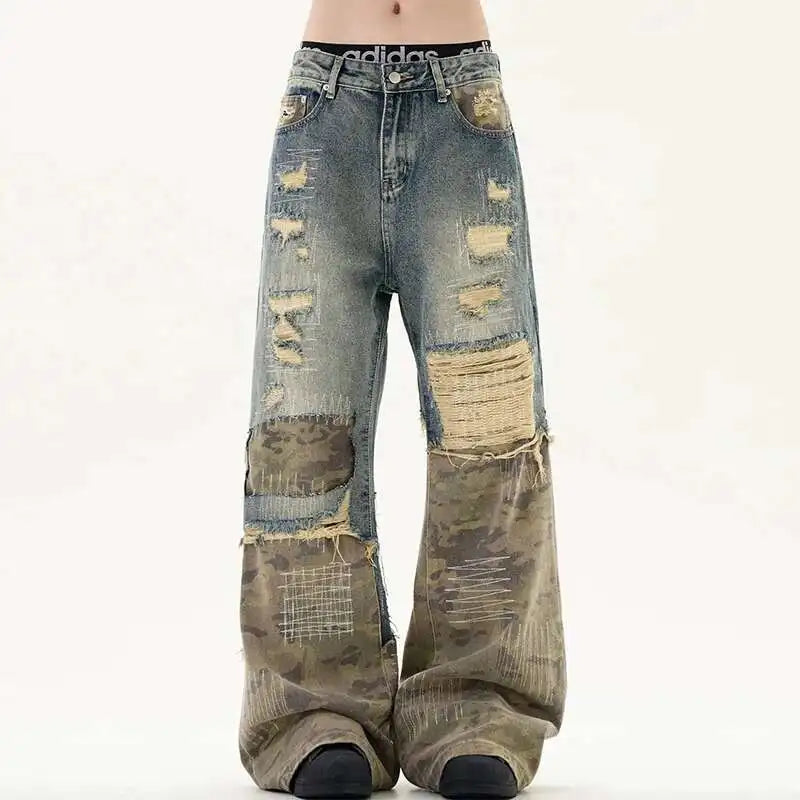 New 2026 High Street Men's Jeans Crewel Embroidery Camouflage Patchwork Hole Design Niche Washing Baggy Male Denim Pants