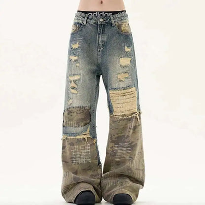 New 2026 High Street Men's Jeans Crewel Embroidery Camouflage Patchwork Hole Design Niche Washing Baggy Male Denim Pants