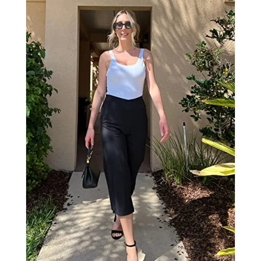 G4Free Capri Pants for Women Wide Leg Yoga Dress Capris with Pockets Cross Loose Casual Work Crop Pants