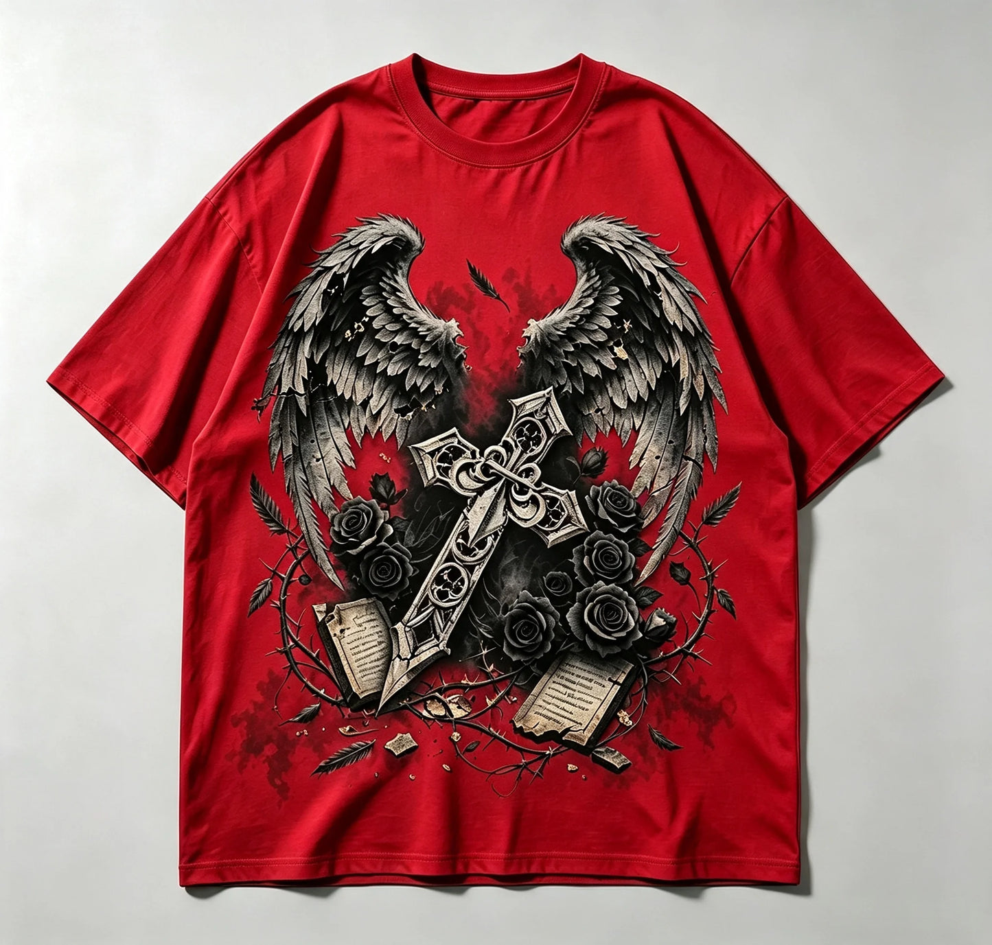 Vintage Gothic Angel Wings Cross Rose Graphic T Shirt Men Women Dark Aesthetic Streetwear Short Sleeve Casual Tee
