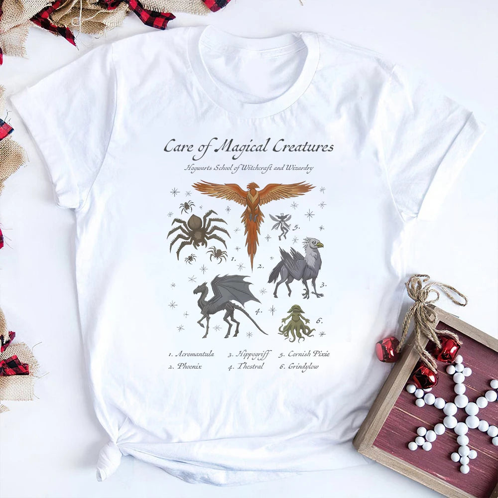 Vintage Magic School T-shirt Magical Creatures Graphic Tee Wizarding World Shirt HP Magic Movie Aesthetic Clothes Bookish Tshirt