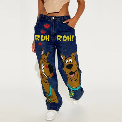 Y2k American Retro Fashion Women High Waist Cartoon Printed Jeans High Street Design Slim Casual Straight Wide-Leg Jeans