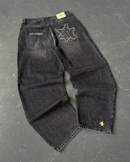 American Y2K Street Trend Letter Embroidered Loose Jeans Men Harajuku New Hip Hop Oversized Wide-leg Pants