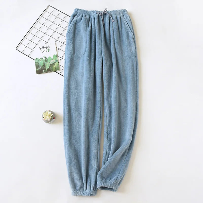 New Plush Winter Thick Sleep Men Pants Flannel Sleep Bottoms Plus Velvet Home Pajama Coral Fleece Male Sleepwear With Pocket