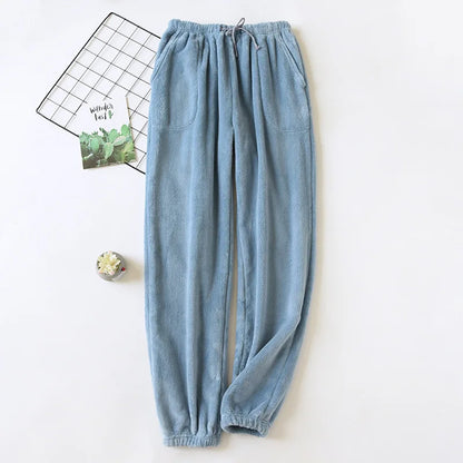 New Plush Winter Thick Sleep Men Pants Flannel Sleep Bottoms Plus Velvet Home Pajama Coral Fleece Male Sleepwear With Pocket