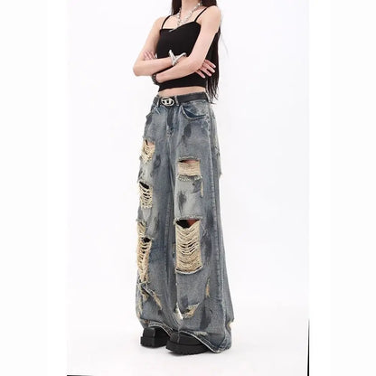 Oversize Blue Ripped Old Hot Girl Y2k American Retro High Waist Fashion Men And Women Hip Hop Straight Loose Wide Legs Jeans