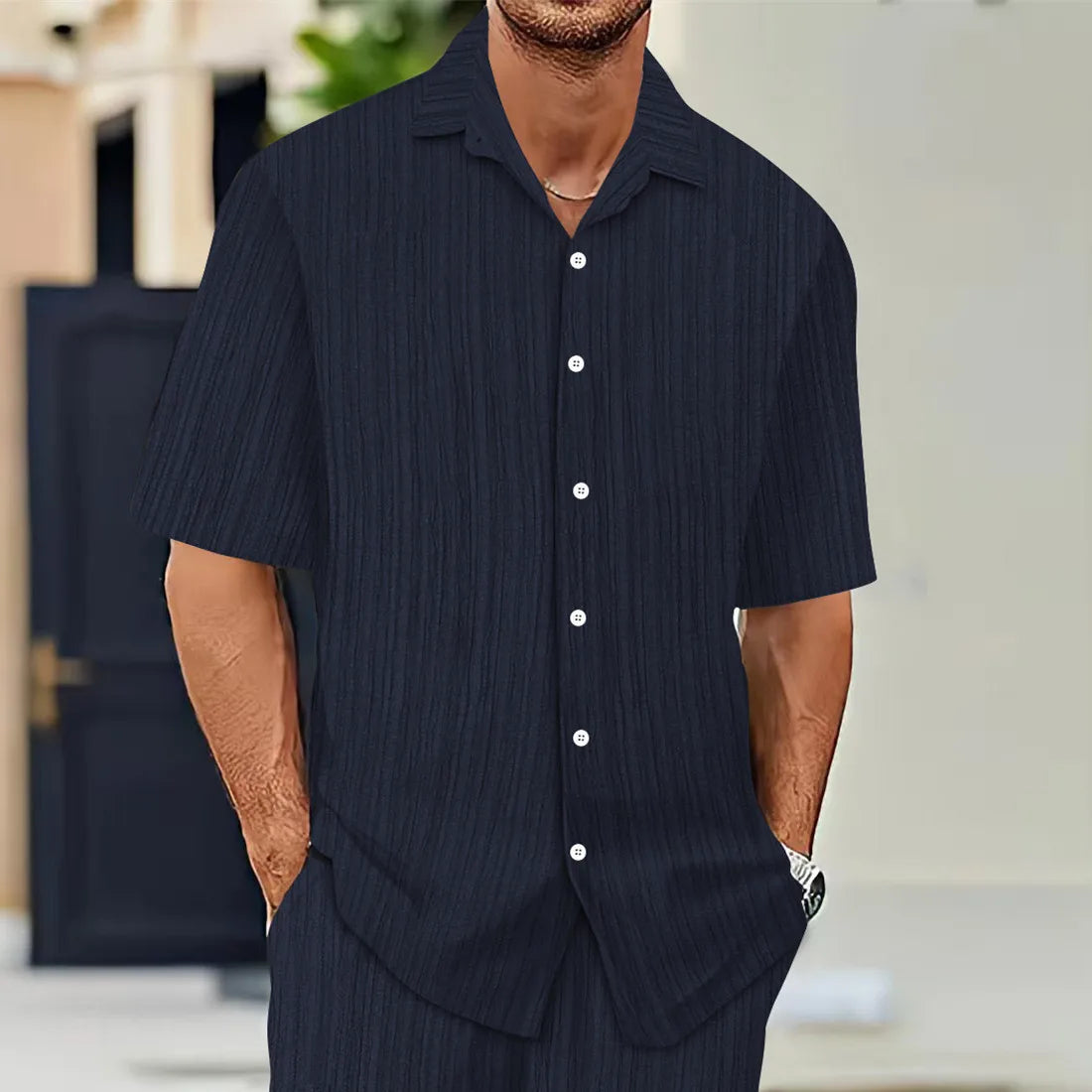 Hot Sale Men's Short-Sleeved Shirts Summer Solid Color Turn-down collar Casual Beach Style Plus Size