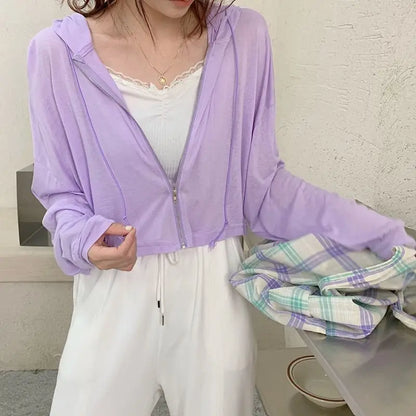 Rimocy Solid Color Thin Hooded Cardigan Women 2024 Summer Zipper Up Crop Tops Woman All Match Long Sleeve Cropped Jacket Ladies