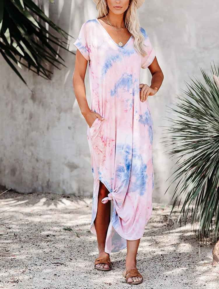 Women's Short Sleeve V-Neck Tie Dye Maxi Dress, Gradient Color Casual Loose Dress with Pockets & Side Slit, Perfect for Beach