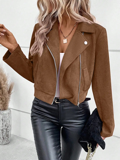 Faux Suede Women Jakcet Zipper Fly Lapel Buttons Motorcycle Jacket Leather Jacket Windproof High Street Biker Jacket Cardigan