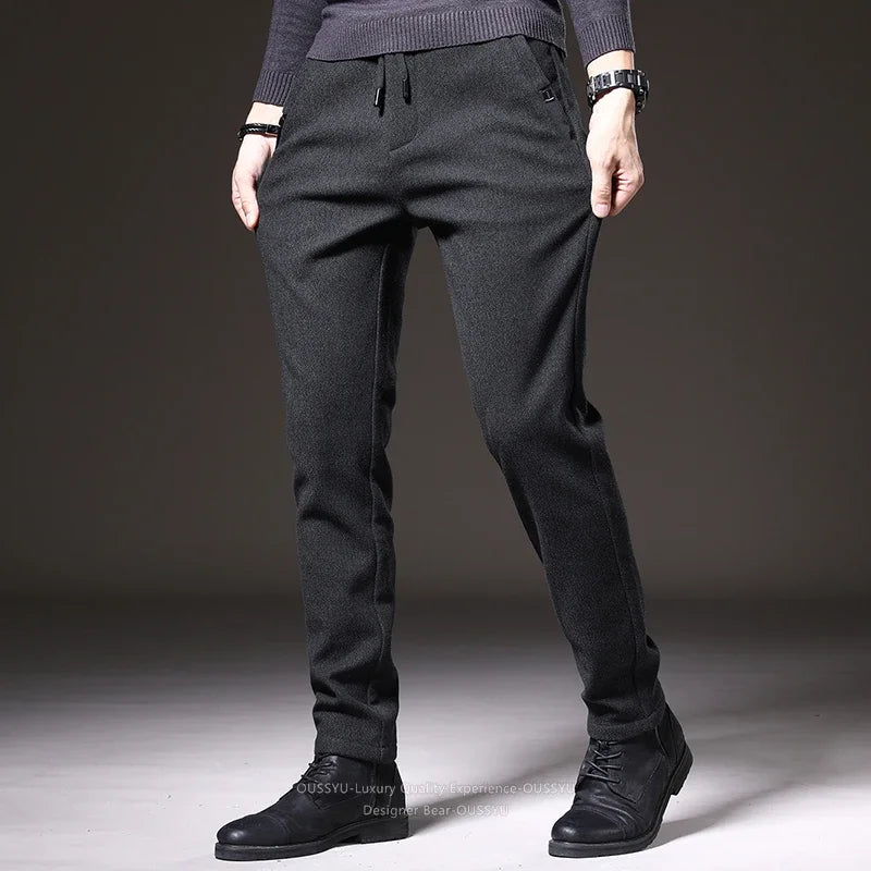 Good Quality Autumn Casual Pants Men Business Slim Elastic Waist Stretch Work Brushed Fabric Blue Trousers Male Brand Clothes