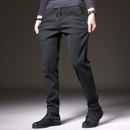 Good Quality Autumn Casual Pants Men Business Slim Elastic Waist Stretch Work Brushed Fabric Blue Trousers Male Brand Clothes