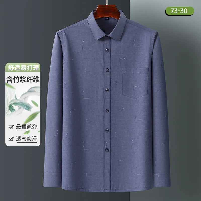 Bamboo Fiber Mens Business Shirt Long Sleeve Casual Plaid Print Stripe Fashion Anti-Wrinkle Button Up Social Oversized S-7XL 5XL