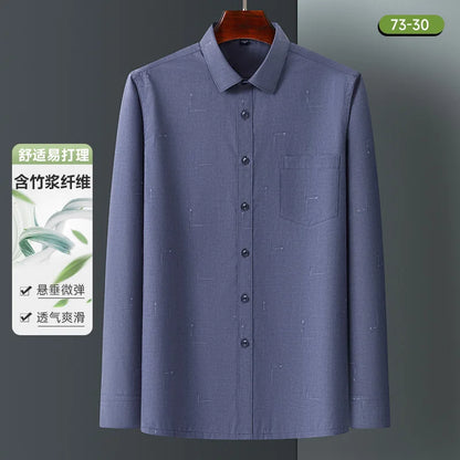 Bamboo Fiber Mens Business Shirt Long Sleeve Casual Plaid Print Stripe Fashion Anti-Wrinkle Button Up Social Oversized S-7XL 5XL