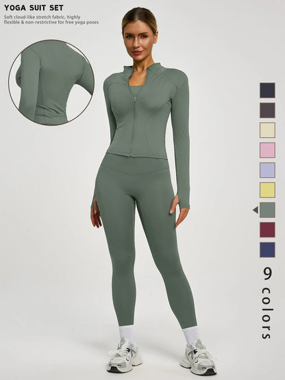Fitfemme 2Pcs Women's Spring Yoga Sport Suit High Waist Legging Jacket Lifting Running Pants Outdoor Set
