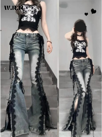 Retro Eyelets Lace Up Flare Jeans Stitch Lace Whiskers Slim Low Rise Split Bootcut Pants Women Bell Bottoms Streetwear