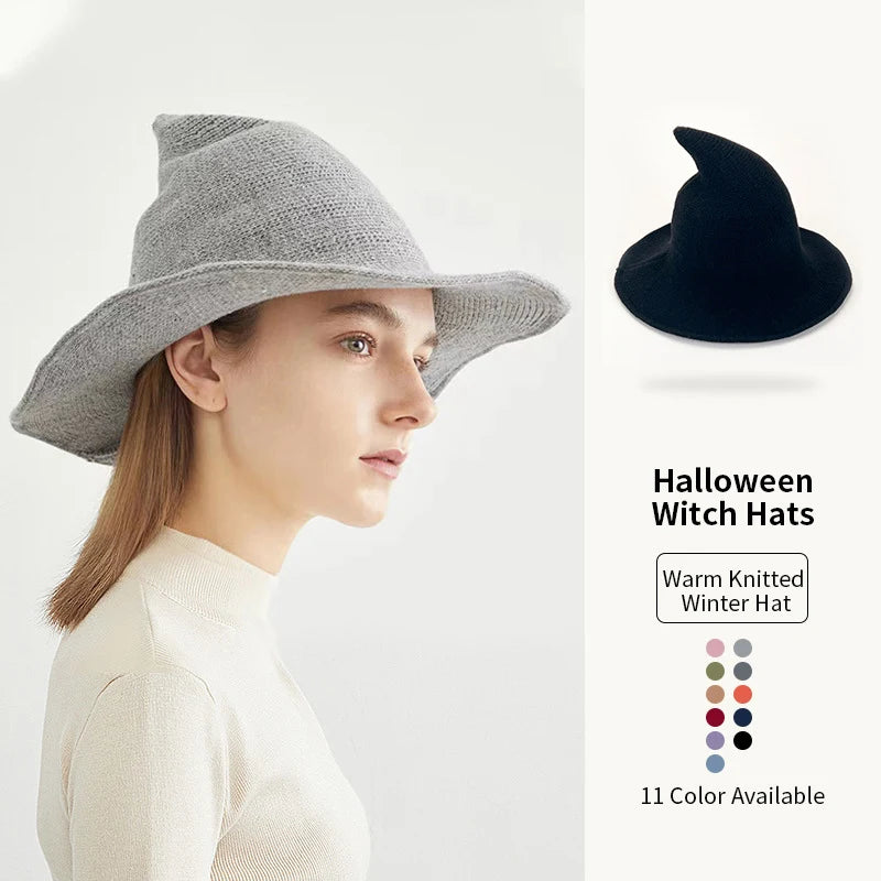 Halloween Masquerade Cosplay Costume Outfit Accessories Props Party Decorations Pointed Decor Witch Hat Wool Knitted Wizard Hat