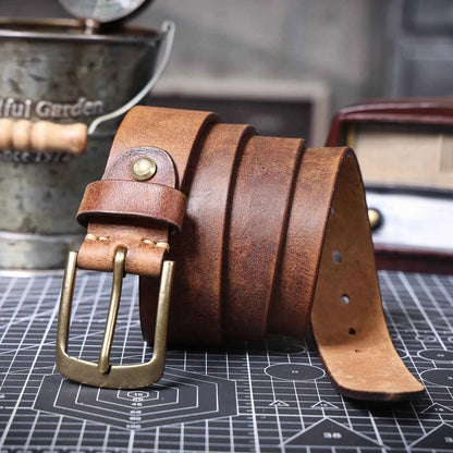 Vintage Genuine Leather Men's Belt With Solid Brass Buckle, Casual Pin Buckle Belt With Gift Box, Thickened Italian Cowhide