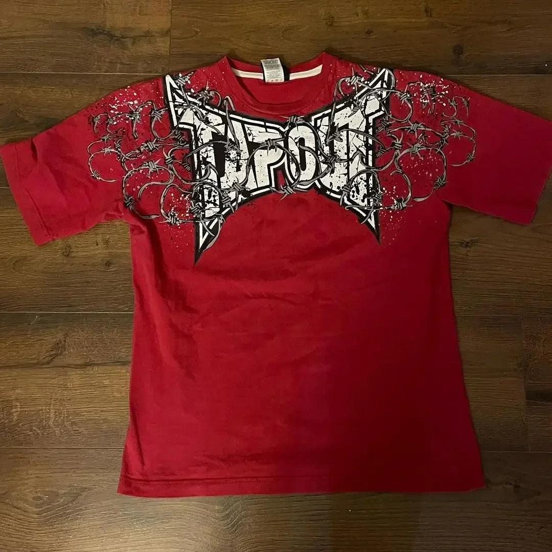 2000s T shirt Summer New Hip Hop Red Round Neck Oversized Long Sleeved T shirt Men Women Casual Gothic Clothing Tops Streetwear