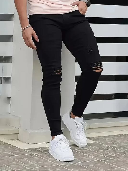 Men's Slim-Fit Ripped Jeans - Stylish Black Distressed Denim with Raw Hem,