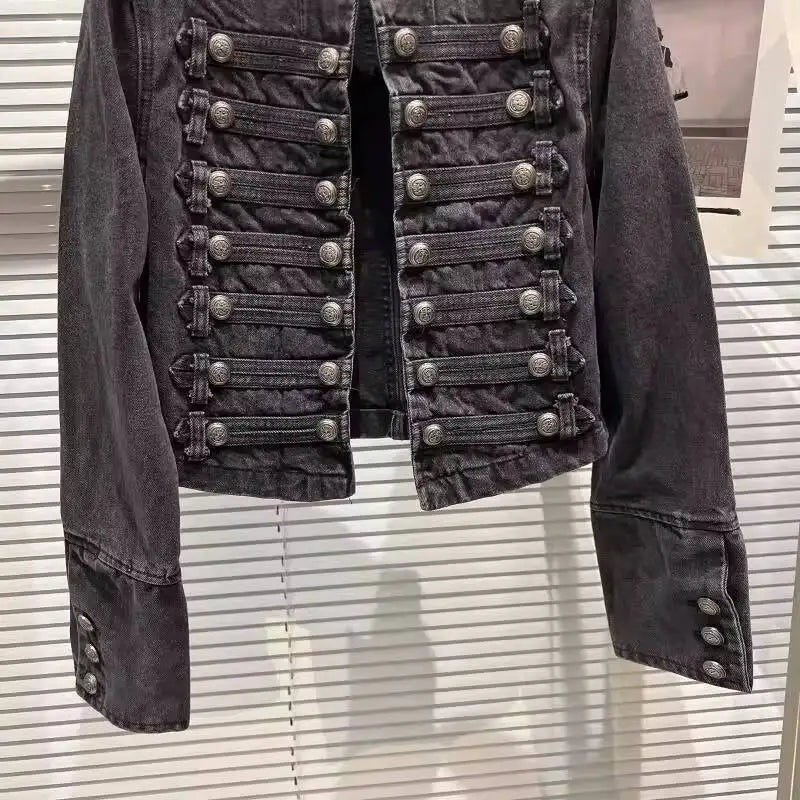 2026 Autumn New Fashion Metal Buckle Design Shoulder Strap Denim Short Jacket For Women High Street Coat Female