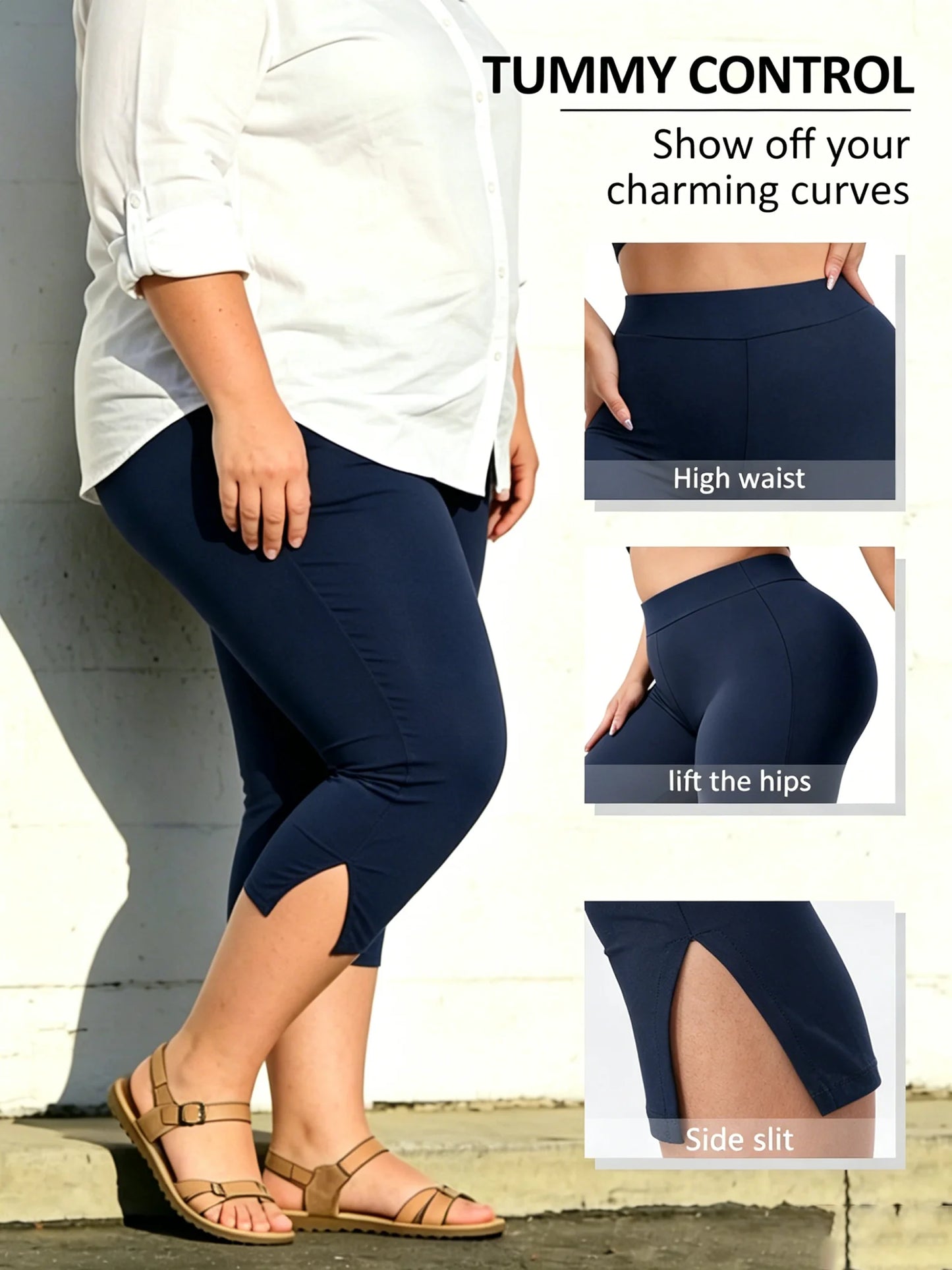 Women's Plus Size Capri Leggings High Waist Tummy Control, Stretchy Yoga Workout Pants (XL-5X) - Capri Split Hem Pants Plus Size