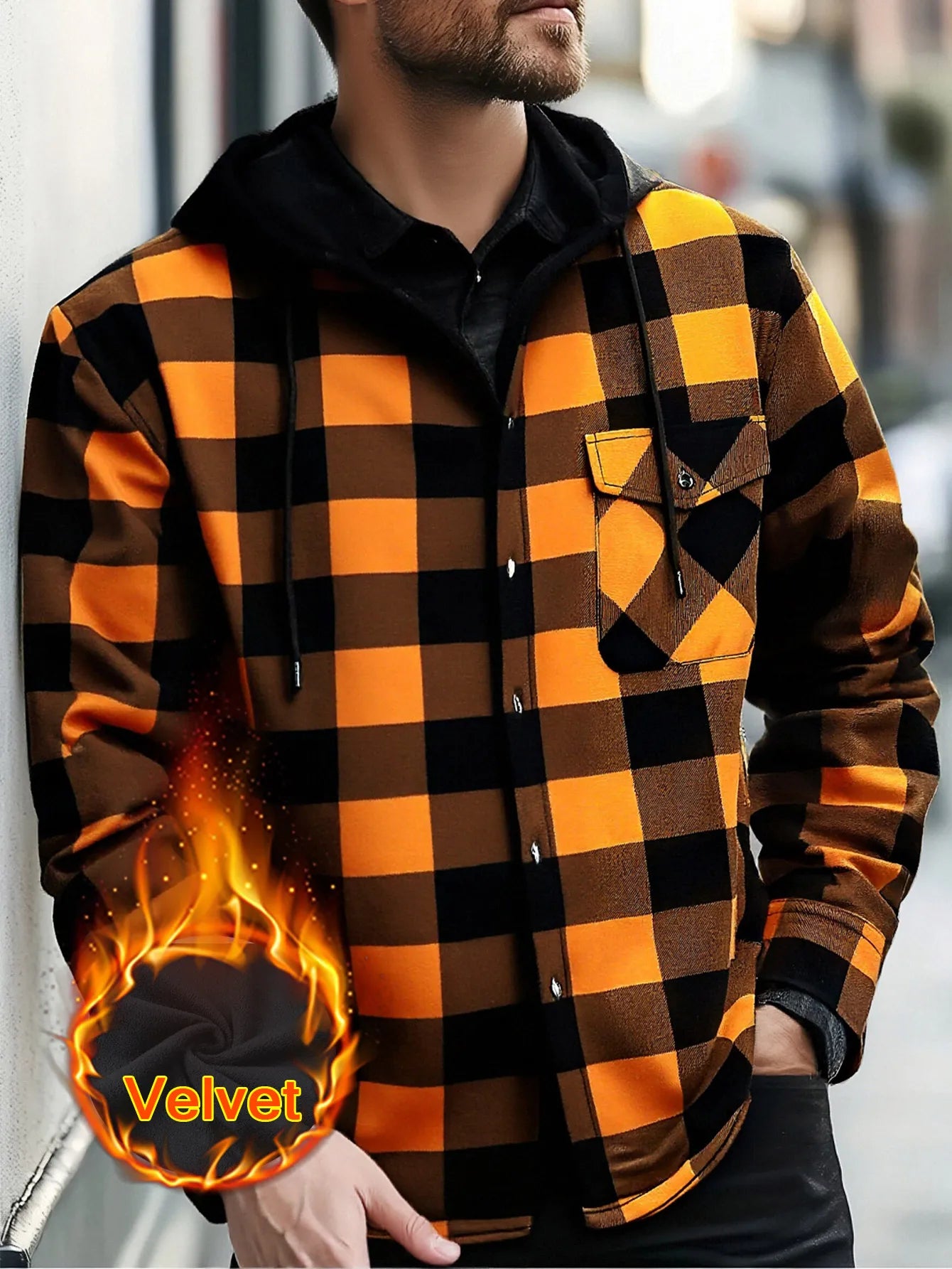 Men's Plaid Sherpa-Lined Hooded Jacket, 2025 New Winter Warm Fleece Loose Fit Long Sleeve Coat, Casual Outdoor Zip Up