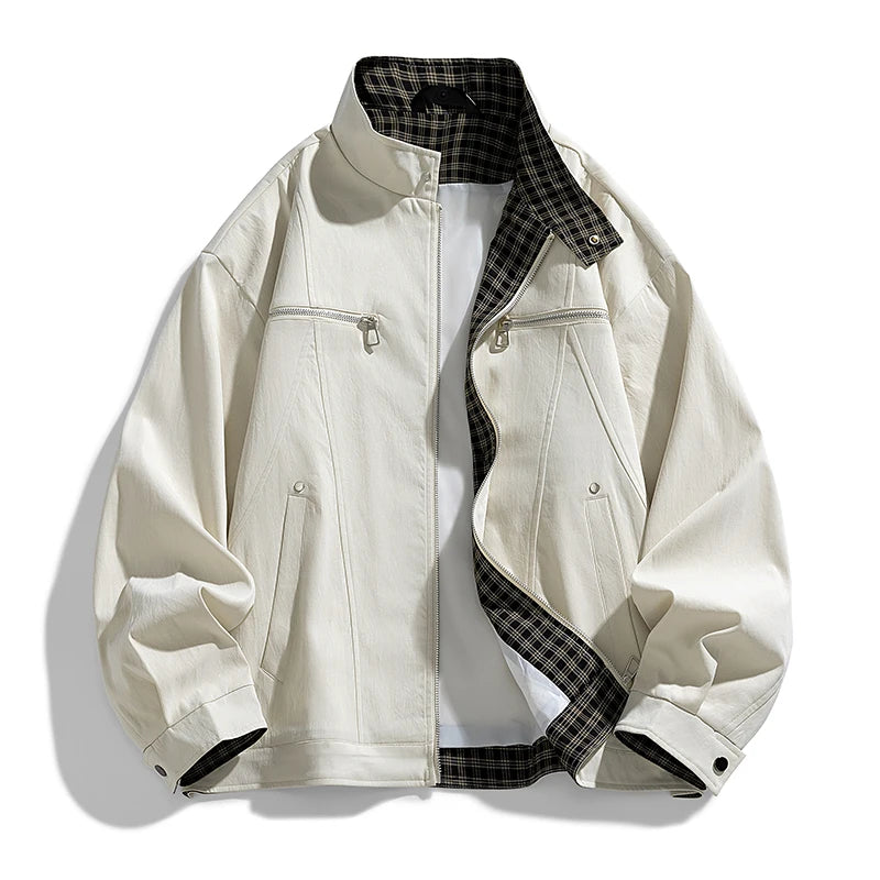 Men's Stand-Collar Casual Jacket – Solid Color Loose Fit Zip-Up Windbreaker with Plaid Lining Streetwear Outerwear