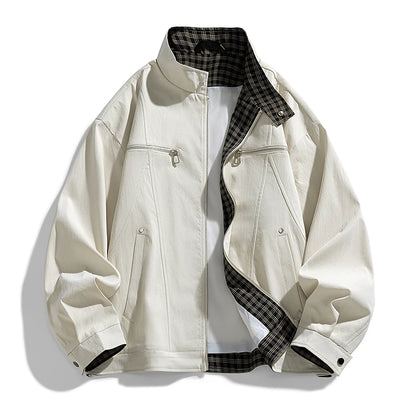Men's Stand-Collar Casual Jacket – Solid Color Loose Fit Zip-Up Windbreaker with Plaid Lining Streetwear Outerwear