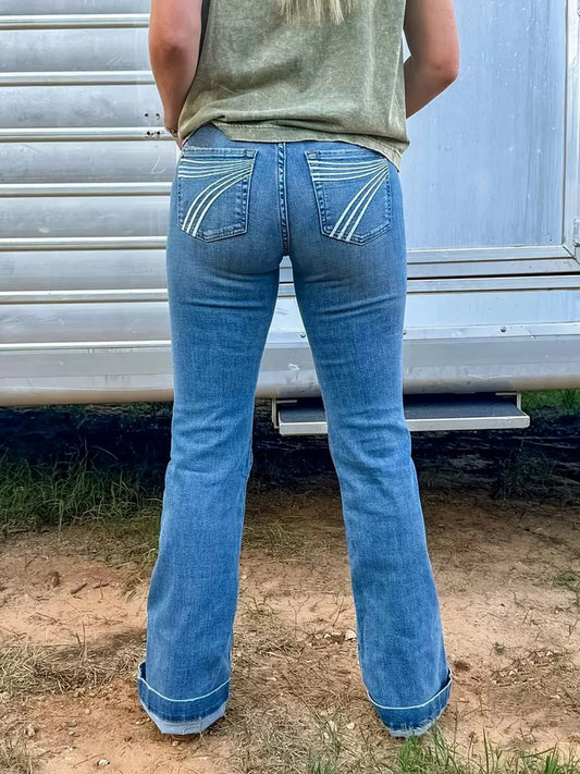 Women's Summer High-Waist Elastic Band Pocket Embroidered Flare Jeans, High-Quality Basic Blue Denim, Machine Washable, Suitable for Daily Wear