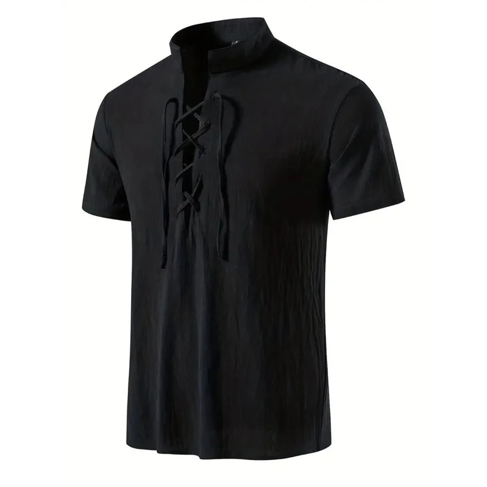 Men's Retro Shirt Short Sleeve Cotton Linen Lightweight Breathable Solid Color Fashion Tops Pirate V-neck Male Stylish Shirts