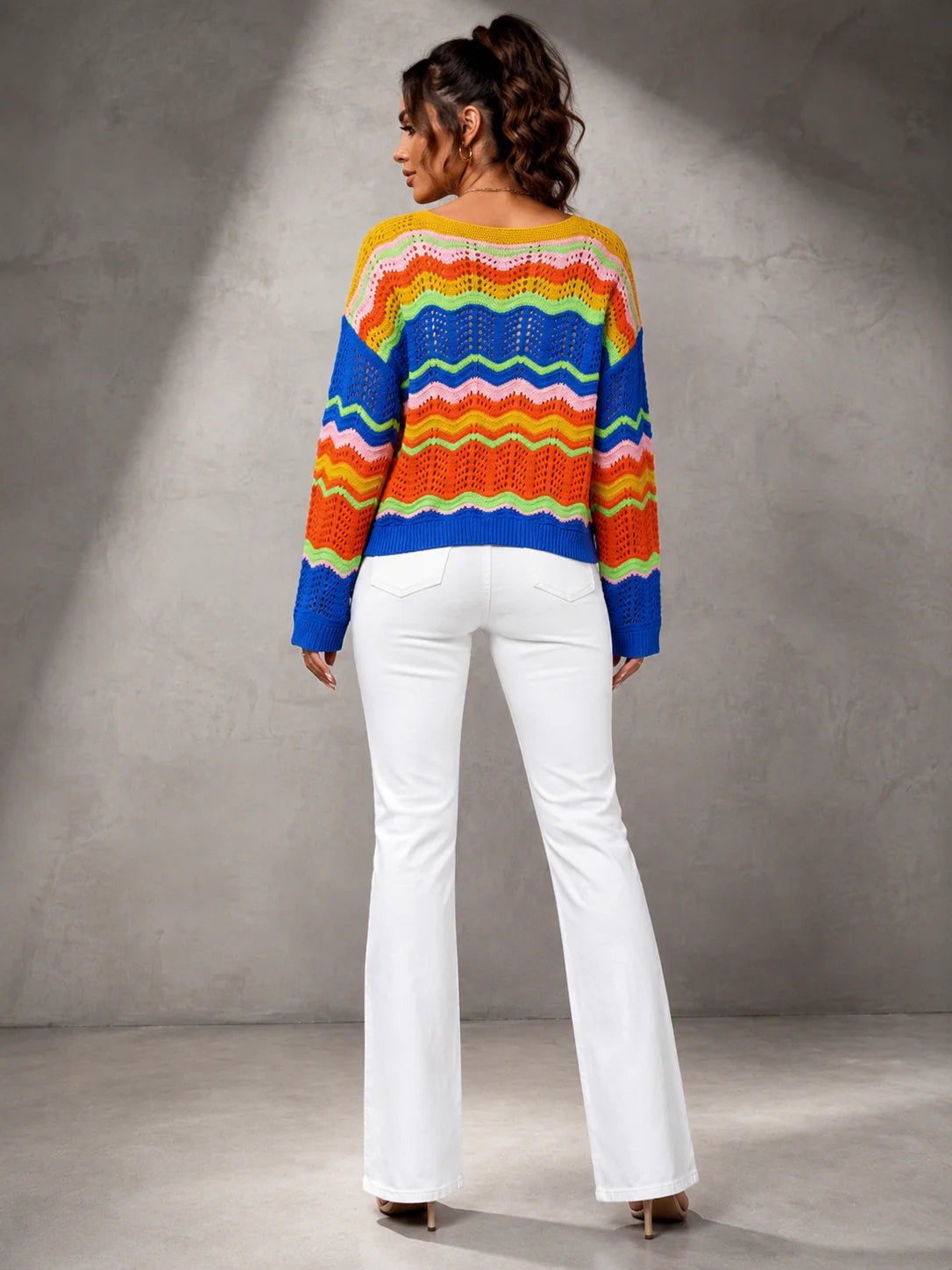 Colorful Wave Stripe Crochet Knit Sweater for Women, Hollow Out Long Sleeve Crewneck Loose Pullover Top, Y2K Retro Bohemian Sweater