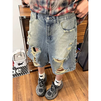 YIBASHU Summer Women Abi American Ripped Jeans Shorts Kpop 2000s Aesthetic Baddie Style  Denim Pants Grunge