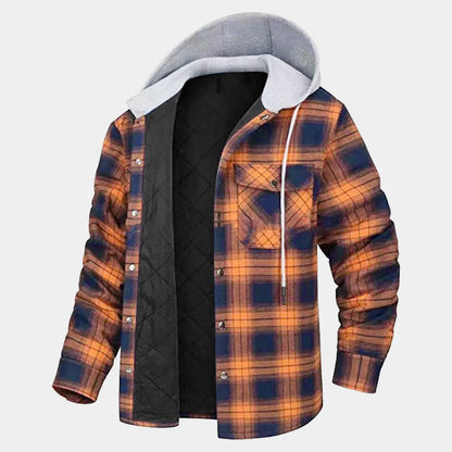 Men'S Flannel Shirt Jacket Plaid Quilted Lined Drawstring Winter Casual Coats Thick Hoodie Outwear Man Fleece Shirts Jacket