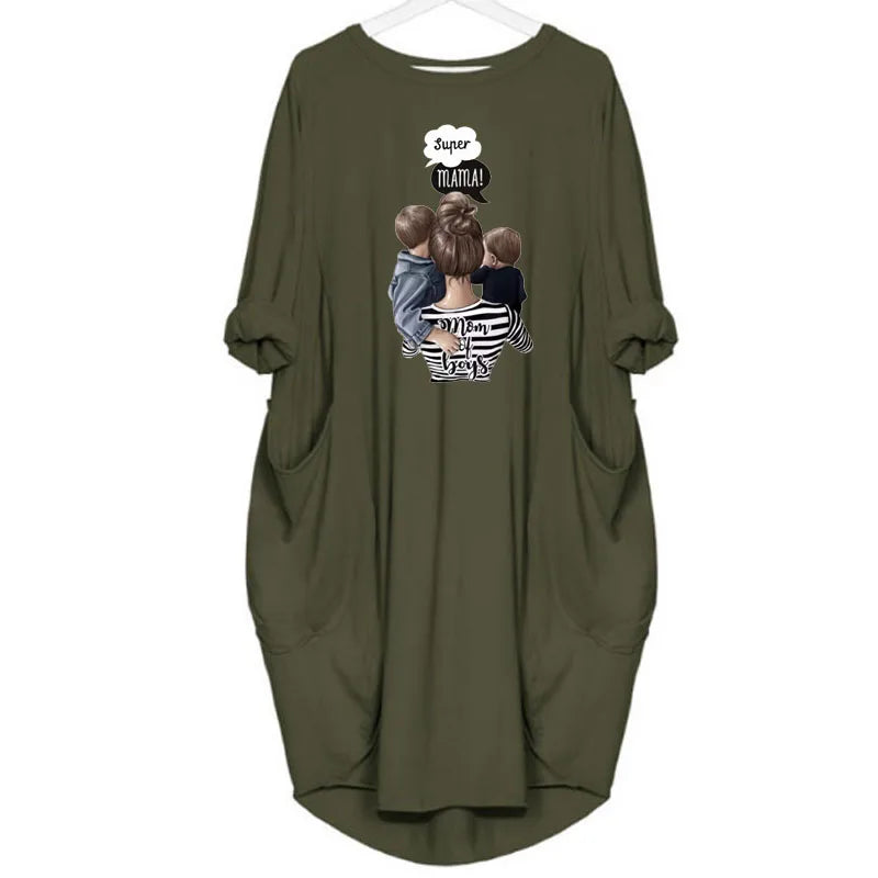 Women's Loose  Long Sleeved Summer Plus Size Dress Autumn  Winter Casual Round Neck Solid Color Long Sleeve Pocket Loose Pullove