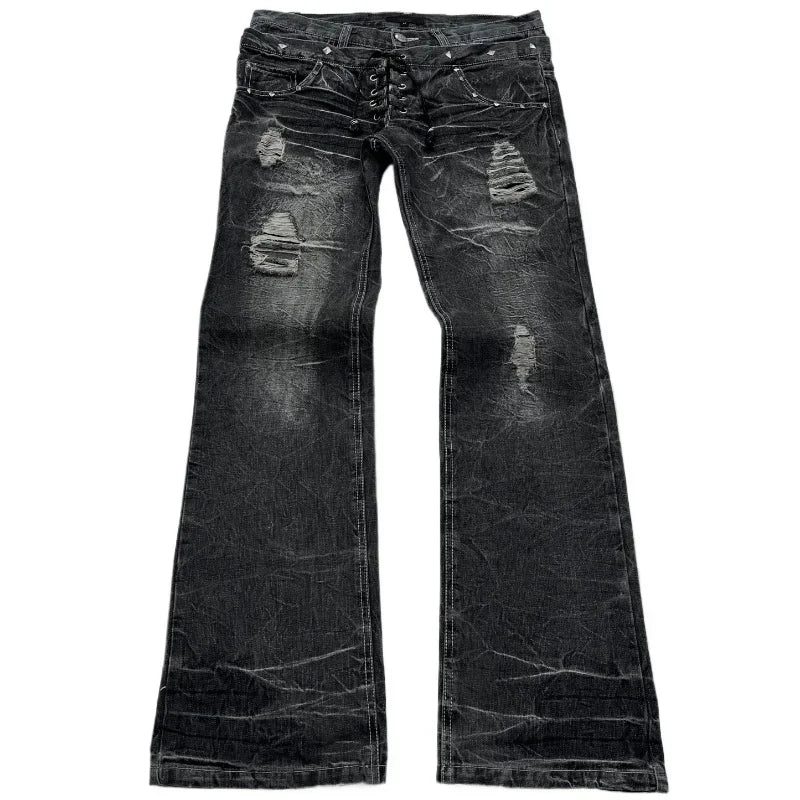 Fashionable high street double waisted lace up micro flared women jeans Y2K retro Harajuku washed design for men and women jeans