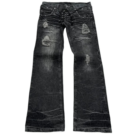 Fashionable high street double waisted lace up micro flared women jeans Y2K retro Harajuku washed design for men and women jeans