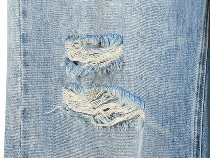 Spring new women's zipper style long mid waist ripped decorative rolled edge loose jeans