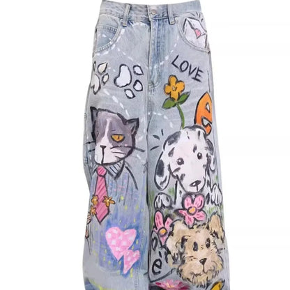 Doodle-printed Jeans American Casual Style Vintage Straight-cut Loose-fitting High-street Wide-leg Pants Y2k Baggy Jeans Ladies