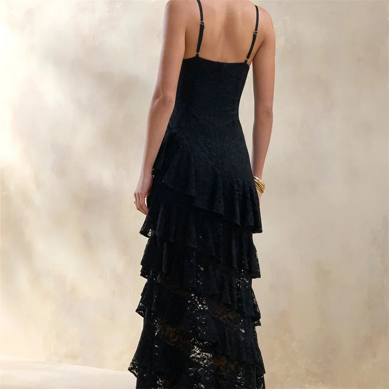 Sexy V Neck Lace Cami Tiered Ruffle Dress Women Slim Fit Maxi Evening Gown Holiday Party Formal Dress