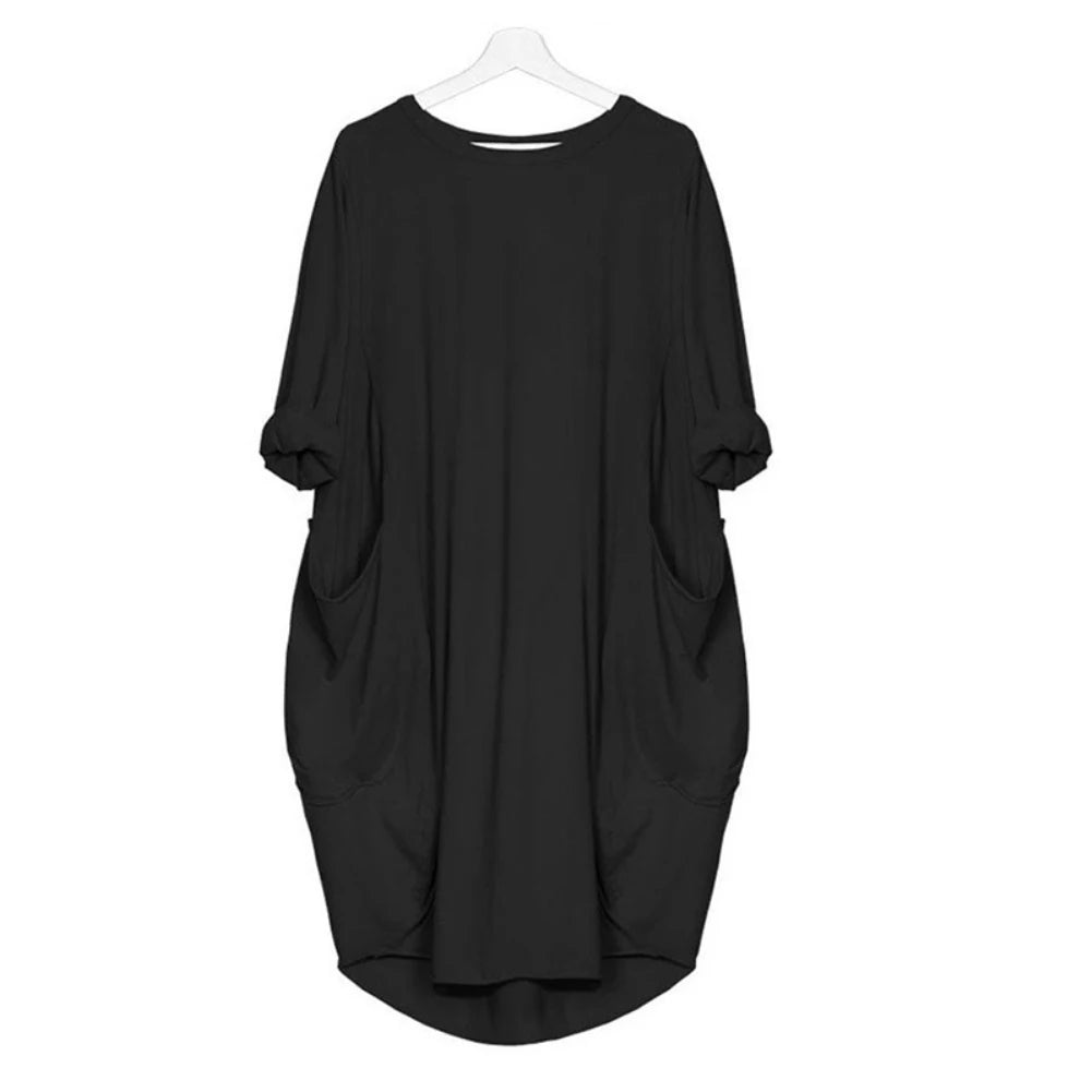 Women's summer casual fashion loose plus size solid color multi-color optional round neck long sleeved dress