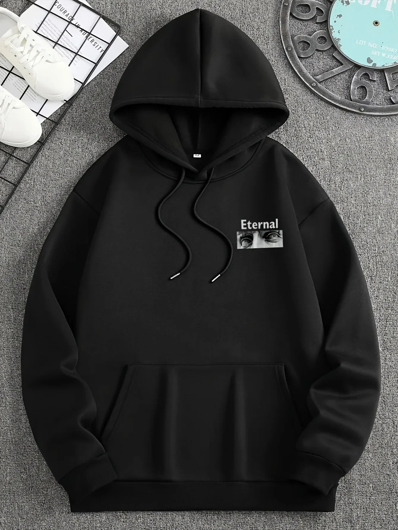 Men Fleece Hoodie Vintage Black White Sculpture Eyes Photo Eternal 1997 Letter Back Print Black Minimal Street Pullover