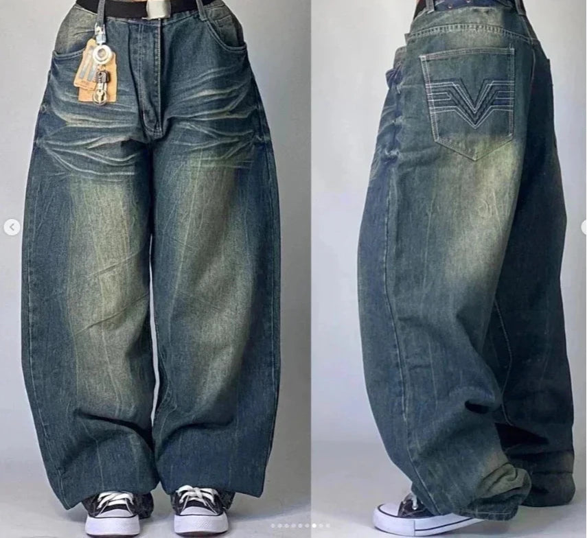 Street Fashion Trend Skull Embroidered Jeans Women Straight Wide-leg Pants Couple Casual Jeans