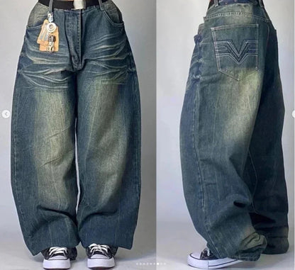 Street Fashion Trend Skull Embroidered Jeans Women Straight Wide-leg Pants Couple Casual Jeans