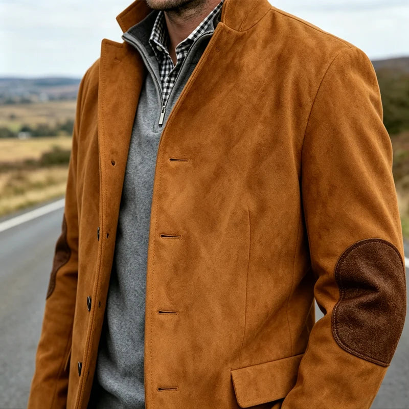 Vintage Men's Suede Blazer Notch Lapel Elbow Patches Slim Fit Jacket Business Casual Men Fashion Outerwear for Spring Autumn