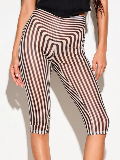 KIZN Striped Mesh Capri Leggings With High Waist Illusion Print Fitted Cropped Style