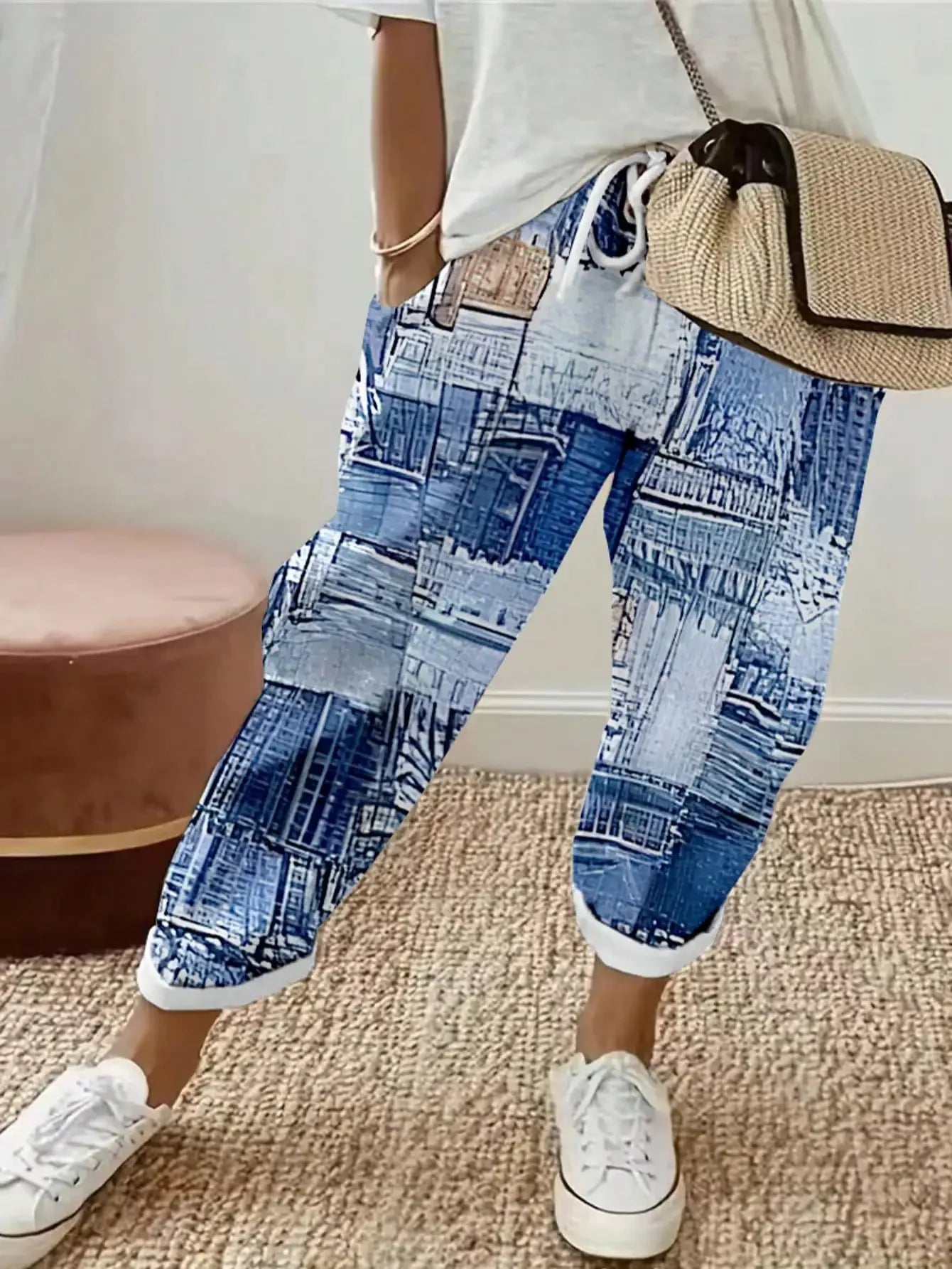 Plus size 1XL-5XL Women's Fashion Printed Flower Pants Ladies Casual Comfortable Loose Pocket Pants Casual Mid-waist Haren Pants